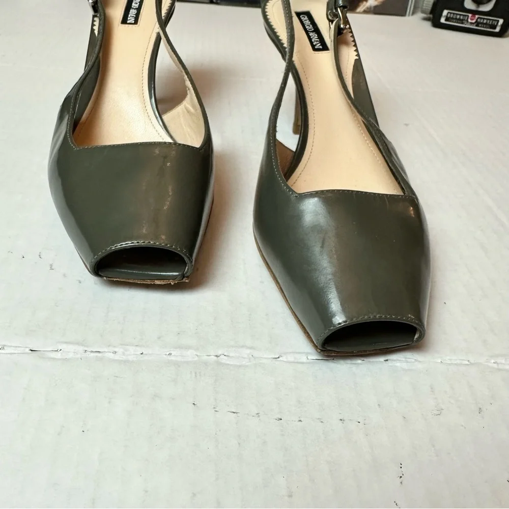Vintage 90s Giorgio Armani Slingback Heels |  Olive Leather Quiet Luxury Pumps